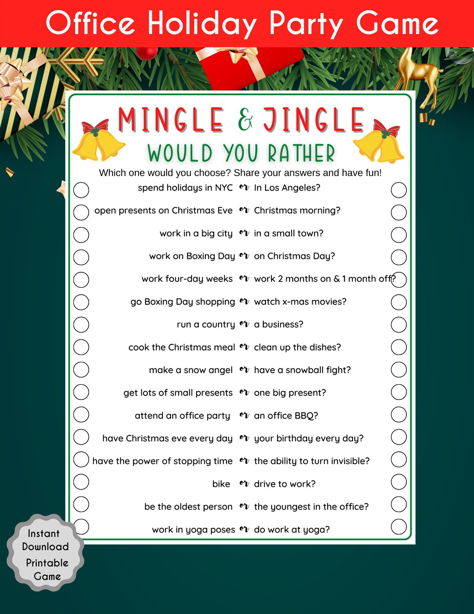 Office Holiday Party Would You Rather Game, Christmas Printable within Holiday Office Party Games Free Printable