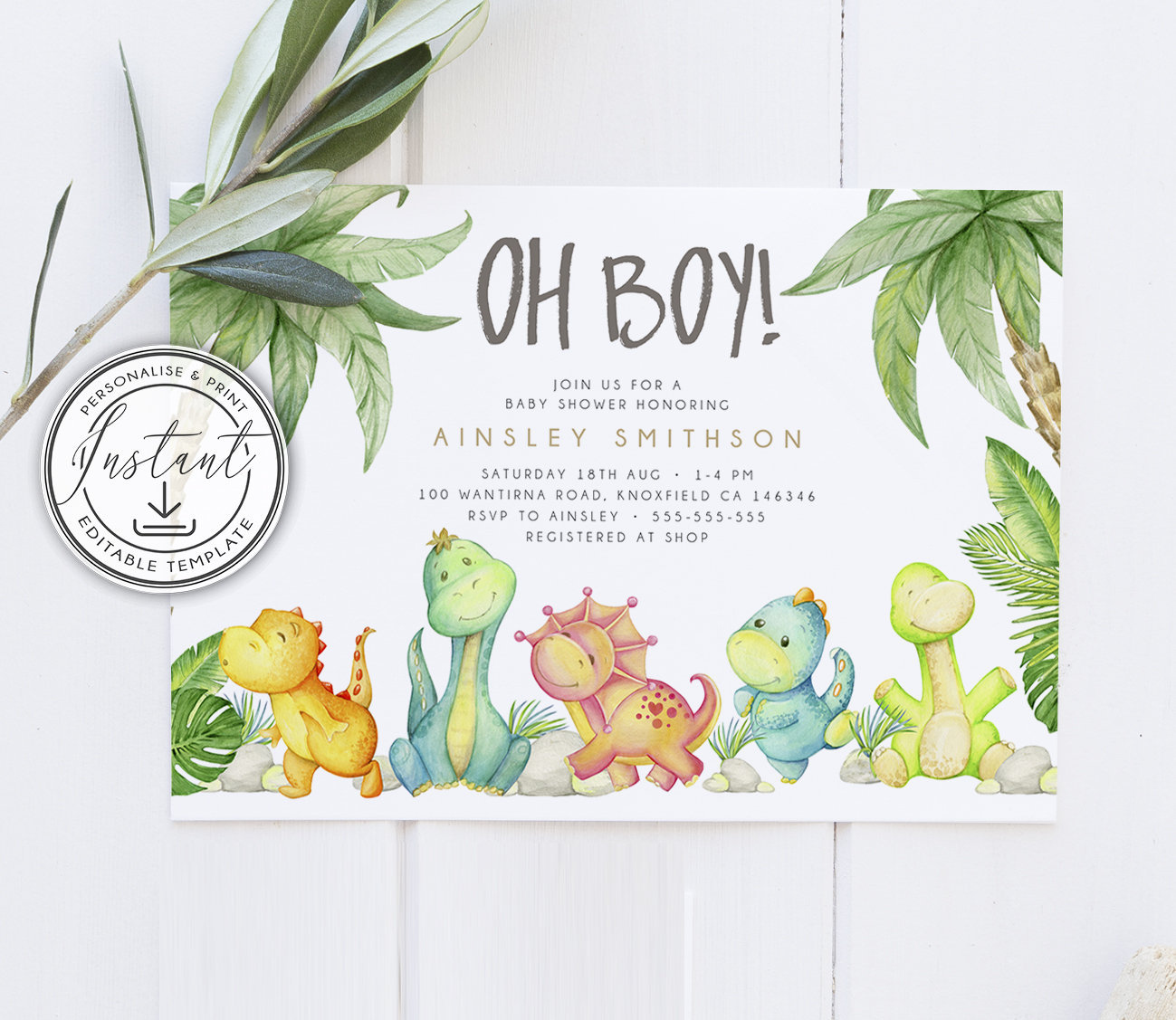 Oh Boy Dinosaur Baby Shower Invitation Editable Template, Instant with regard to Free Printable Dinosaur Baby Shower Invitations