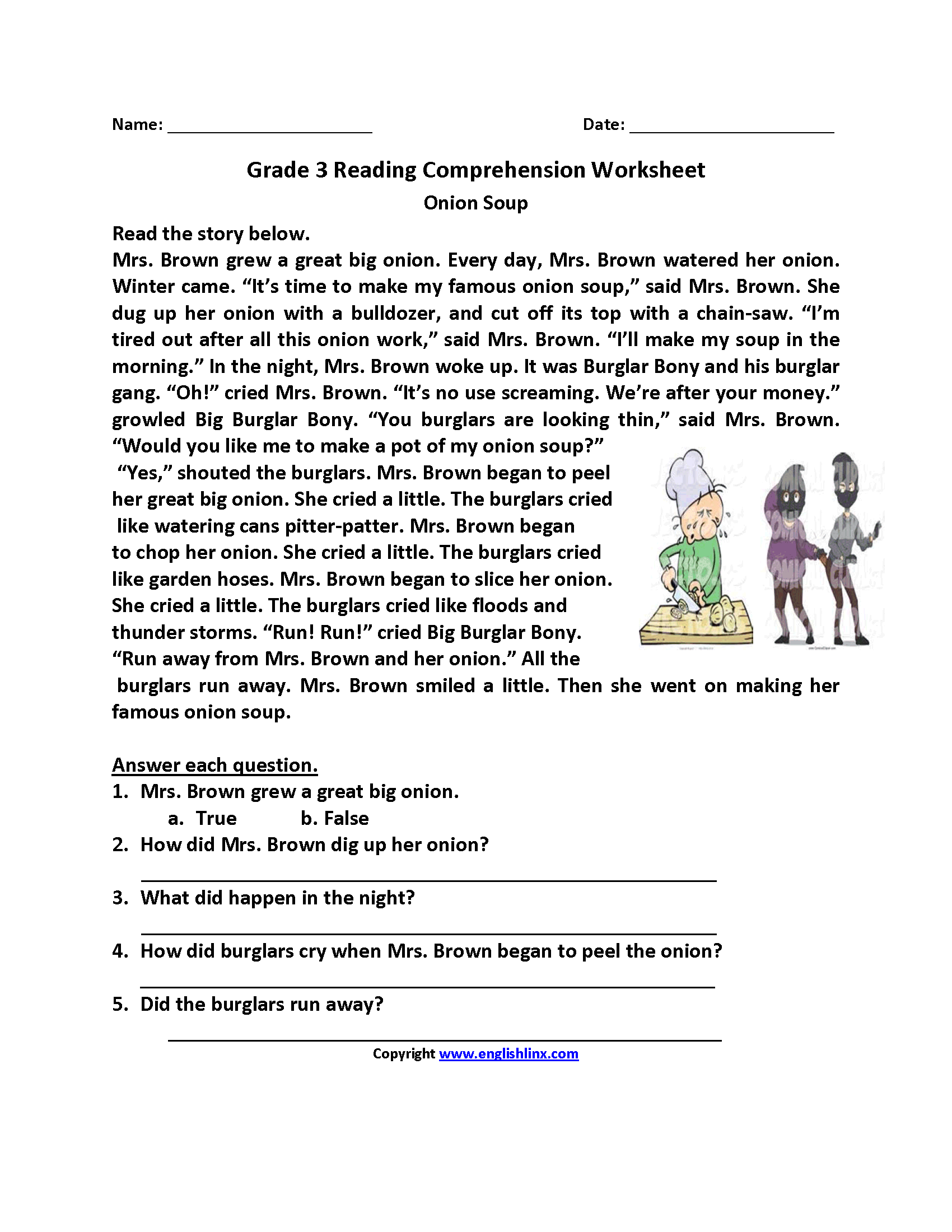 Onion Soup Third Grade Reading Worksheets regarding Free Printable Short Stories for Grade 3