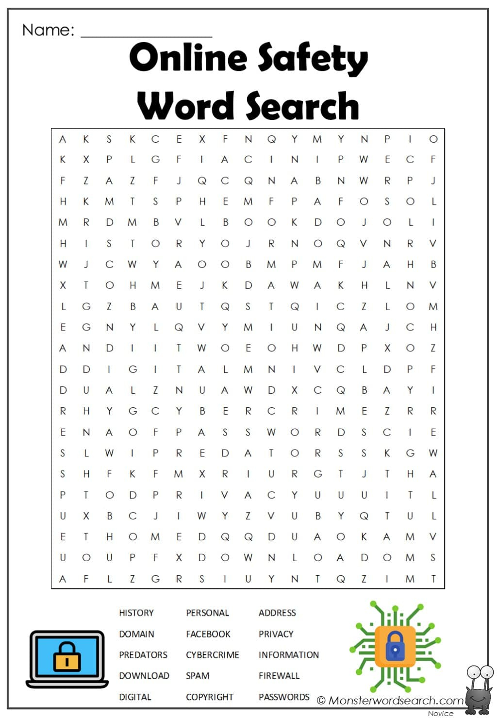 Online Safety Word Search - Monster Word Search for Free Online Printable Word Search