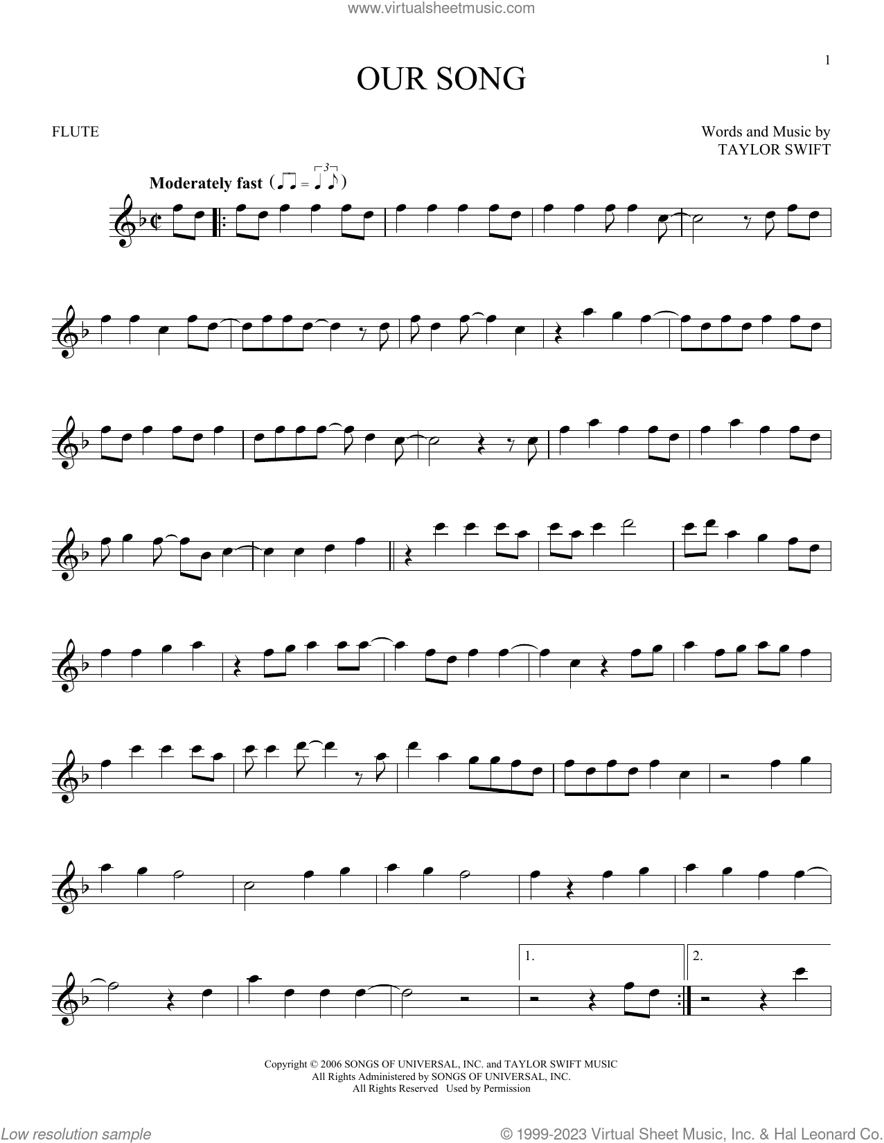 Our Song Sheet Music For Flute Solo (Pdf-Interactive) with regard to Free Printable Flute Sheet Music For Pop Songs