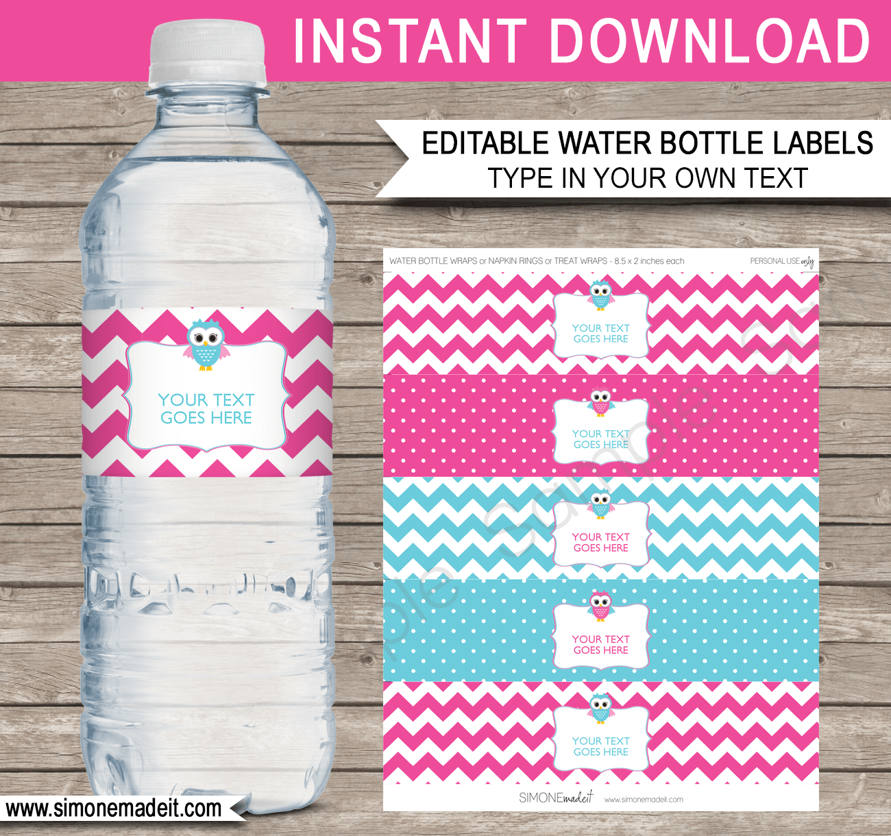 Owl Party Water Bottle Labels Template - Pink throughout Free Printable Water Bottle Labels for Birthday