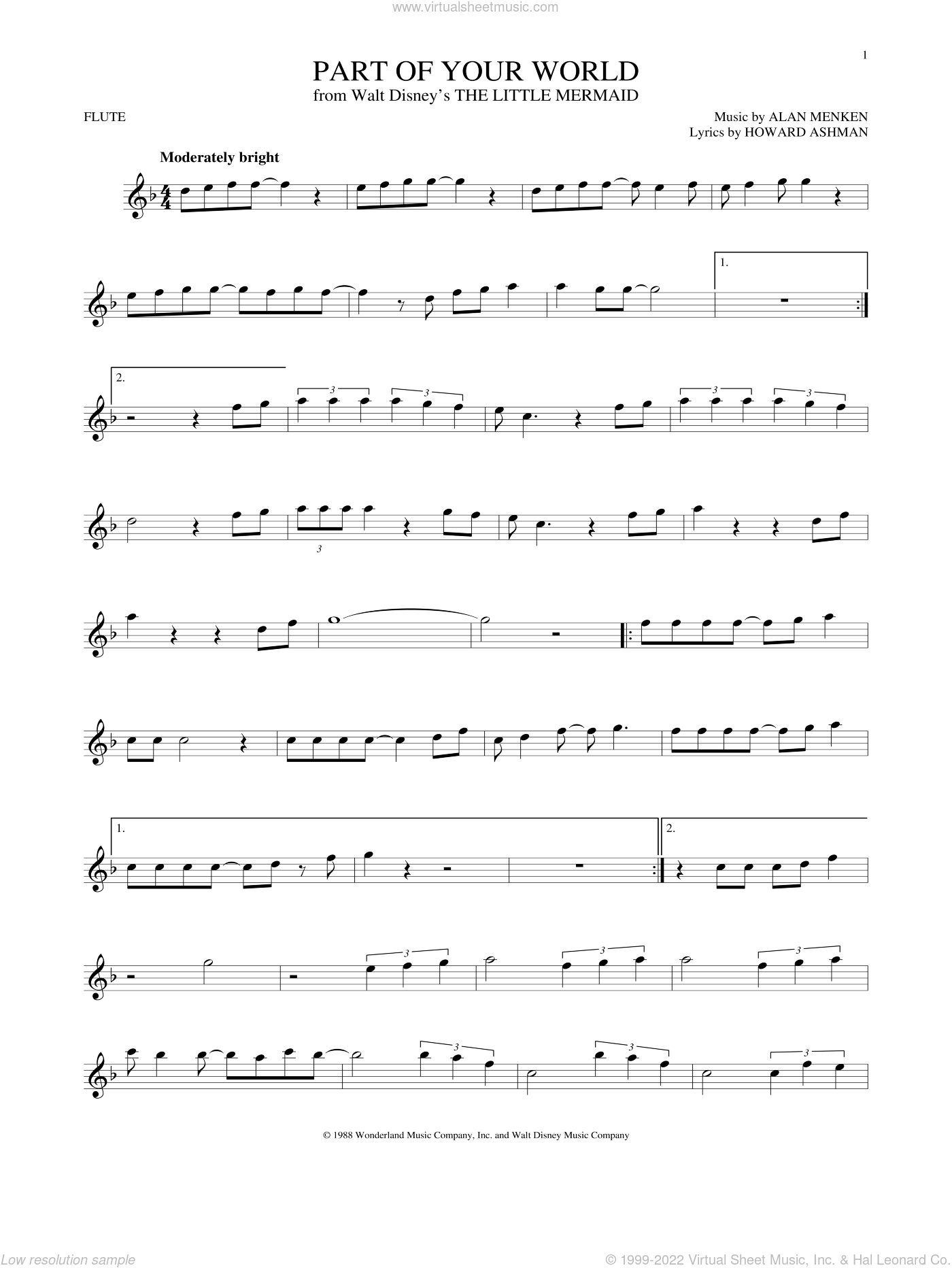 Part Of Your World (From The Little Mermaid) Sheet Music For Flute Solo in Free Printable Flute Sheet Music