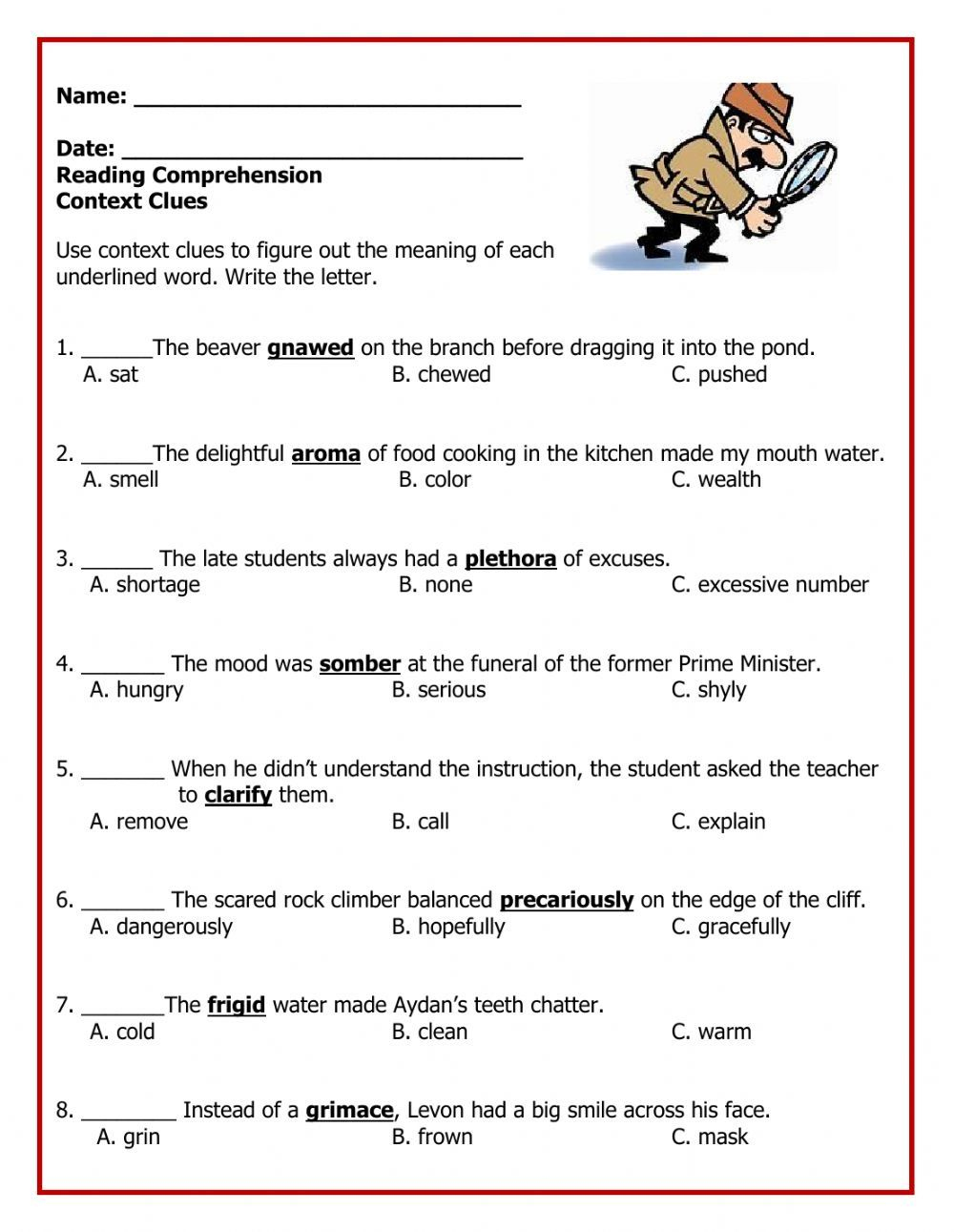 Pdf Online Activity: Context Clues | Context Clues Worksheets with Free Printable 5Th Grade Context Clues Worksheets