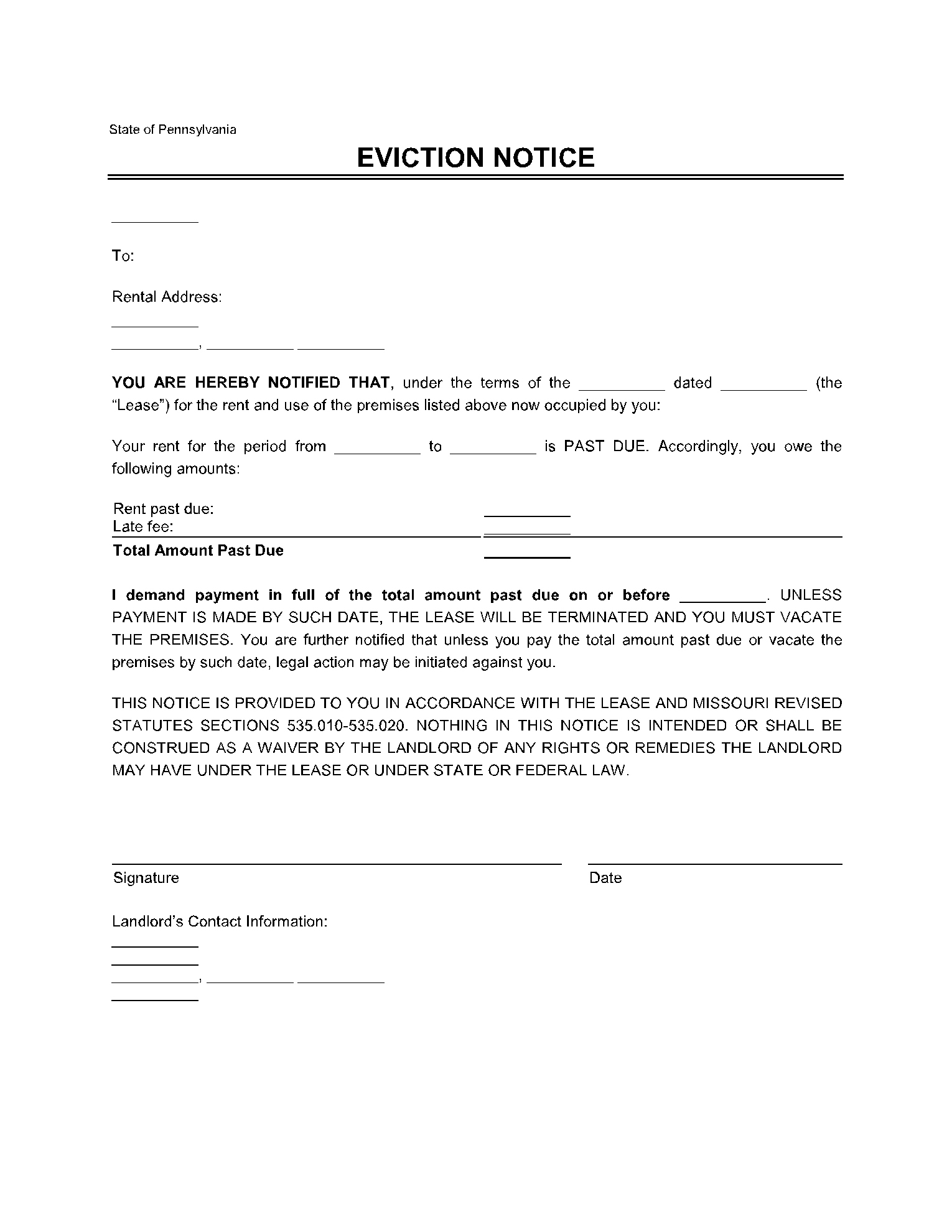 Pennsylvania Eviction Notice Form (Free Template) | Cocosign inside Free Printable Eviction Notice Pa