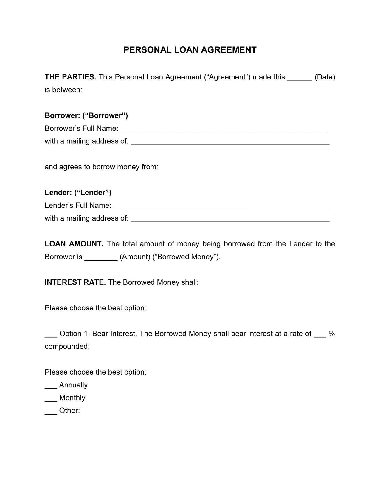 Personal Loan Agreement Template within Free Printable Blank Loan Agreement