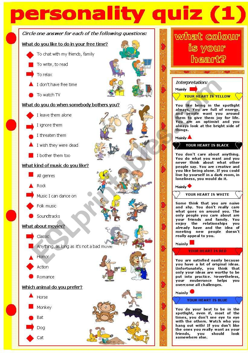 Personality Quiz - What Colour Is Your Heart? - Esl Worksheet intended for Free ESL Assessment Test Printable