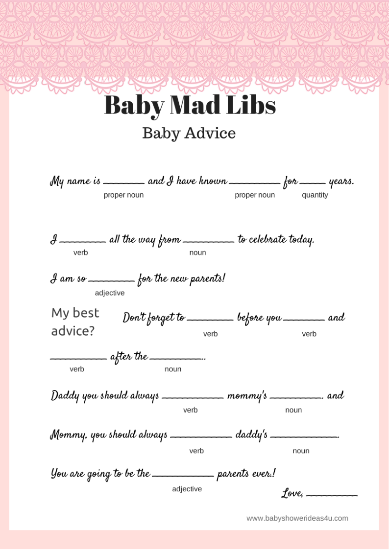 Pink-Lace-Free-Baby-Shower-Mad-Libs-Baby-Advice | Baby Shower Mad intended for Baby Shower Mad Libs Printable Free