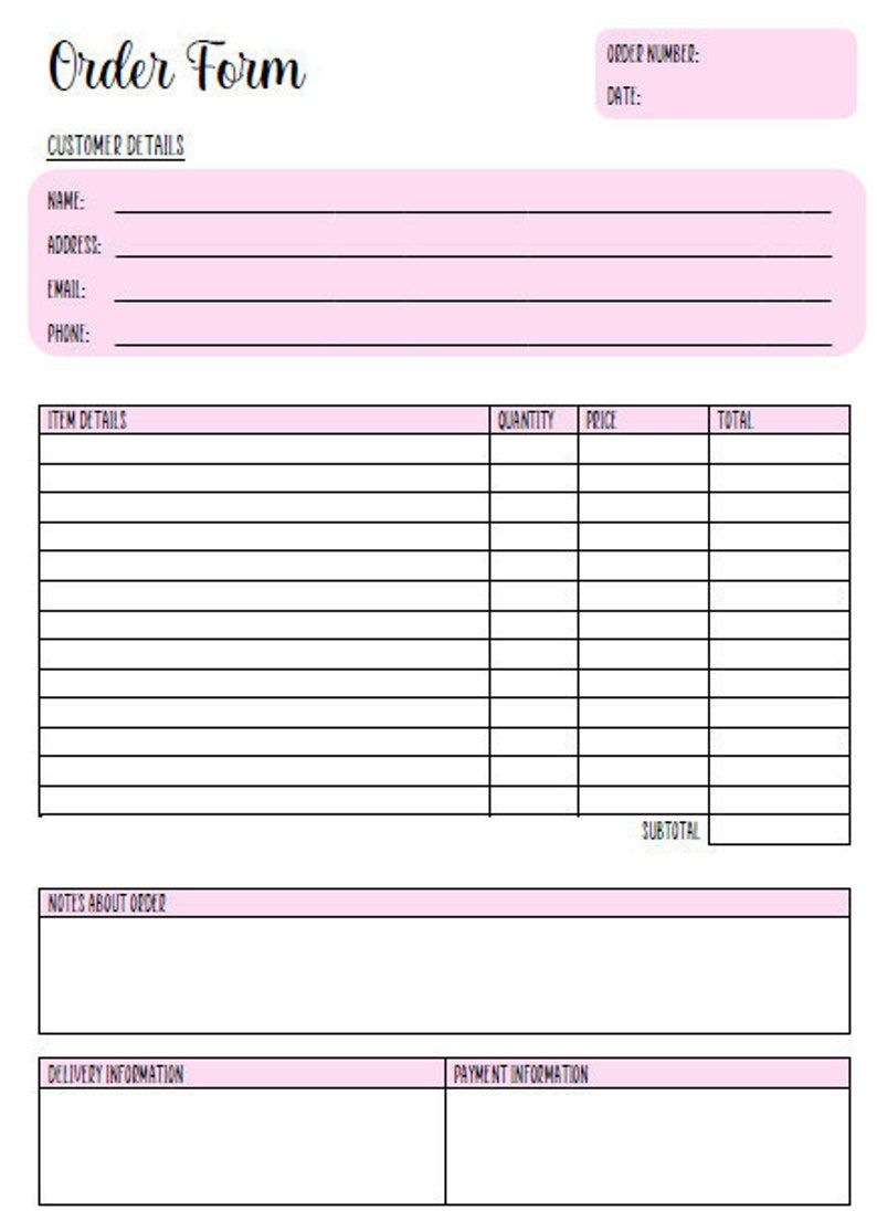 Pink Order Form Template Editable, Printable Order Form, Purchase regarding Free Printable Business Forms