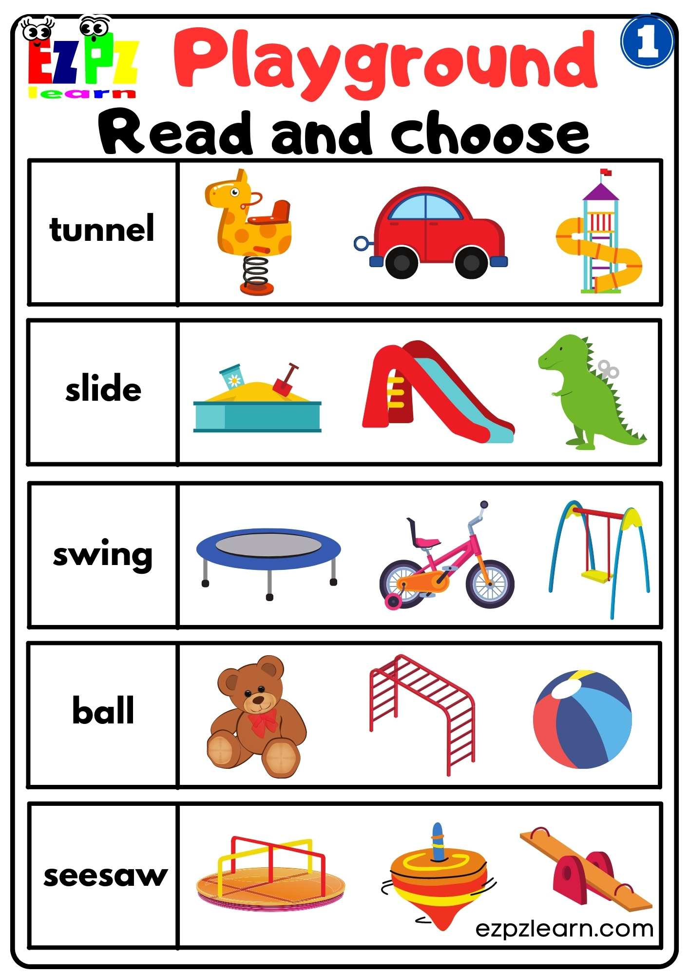 Playground 1 Read And Choose Worksheet For Kindergarten And Esl intended for Free Printable Esl Resources