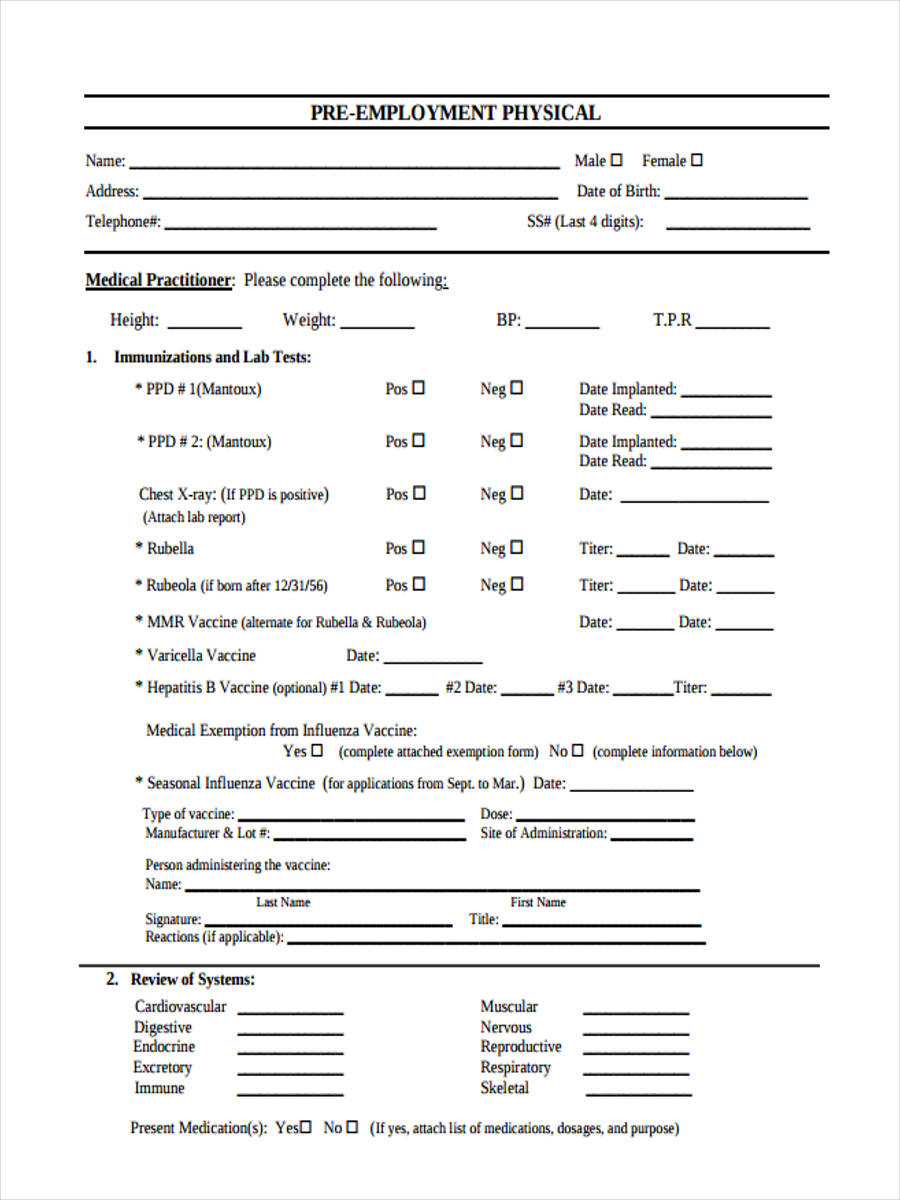 Pre Employment Physical Forms with regard to Free Printable Pre Employment Tests