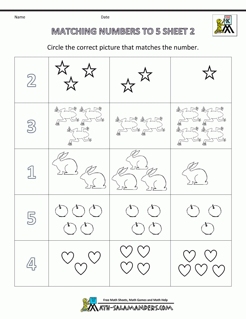 Preschool Math Worksheets - Matching To 5 regarding Free Printable Preschool Math Worksheets