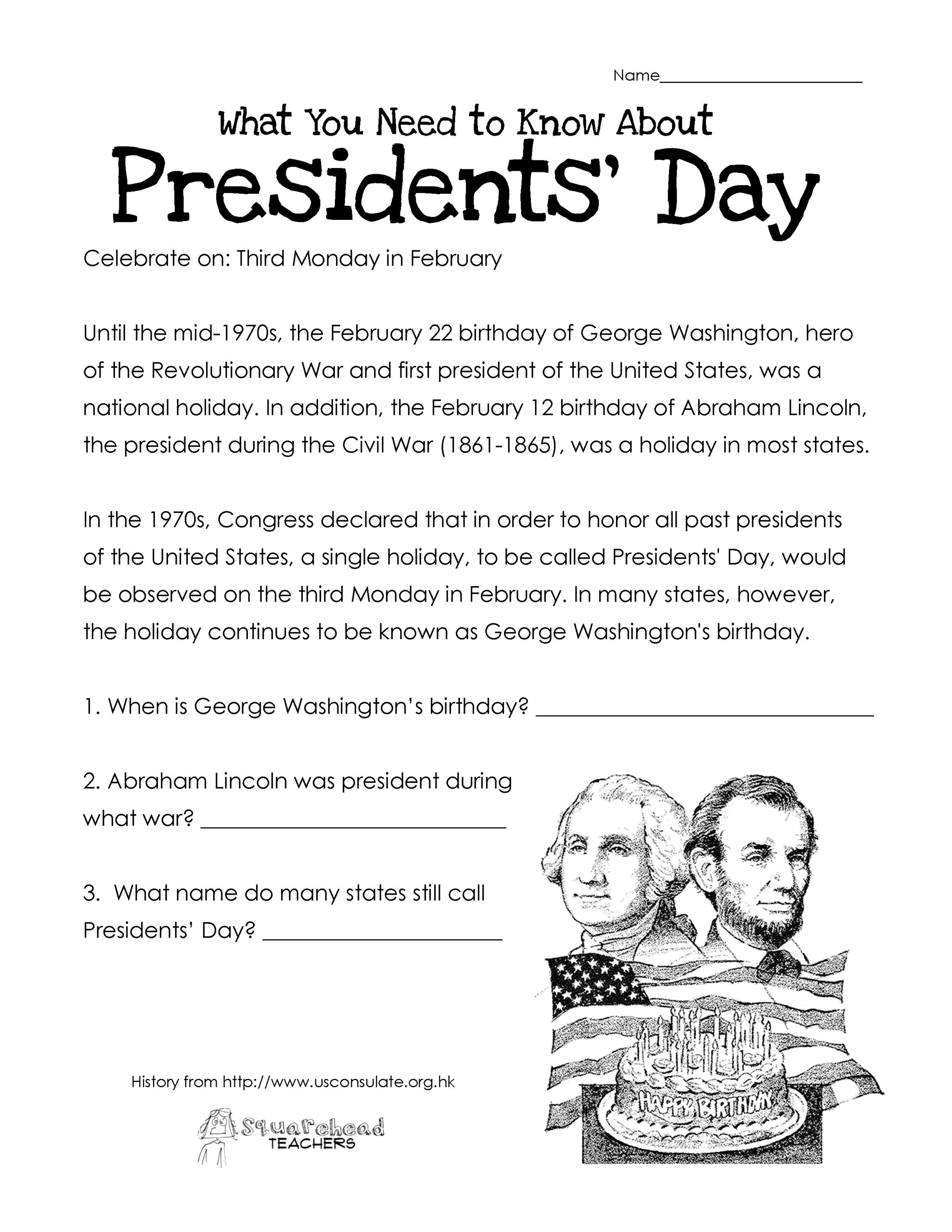 Presidents&amp;#039; Day (Free Worksheet) Updated | Squarehead Teachers regarding Free Printable President Worksheets