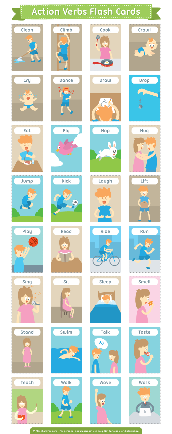 Printable Action Verbs Flash Cards regarding Free Printable Noun Picture Cards