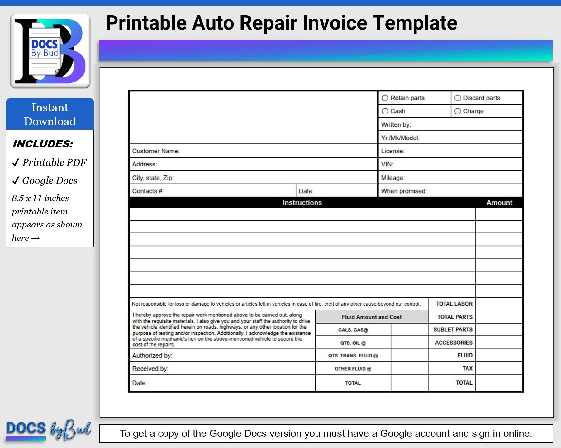 Printable Auto Repair Invoice Template, Auto Repair Template, Downloadable Google Docs Or Pdf Printable Auto Repair Estimate For Vehicles in Free Printable Auto Repair Invoice Template