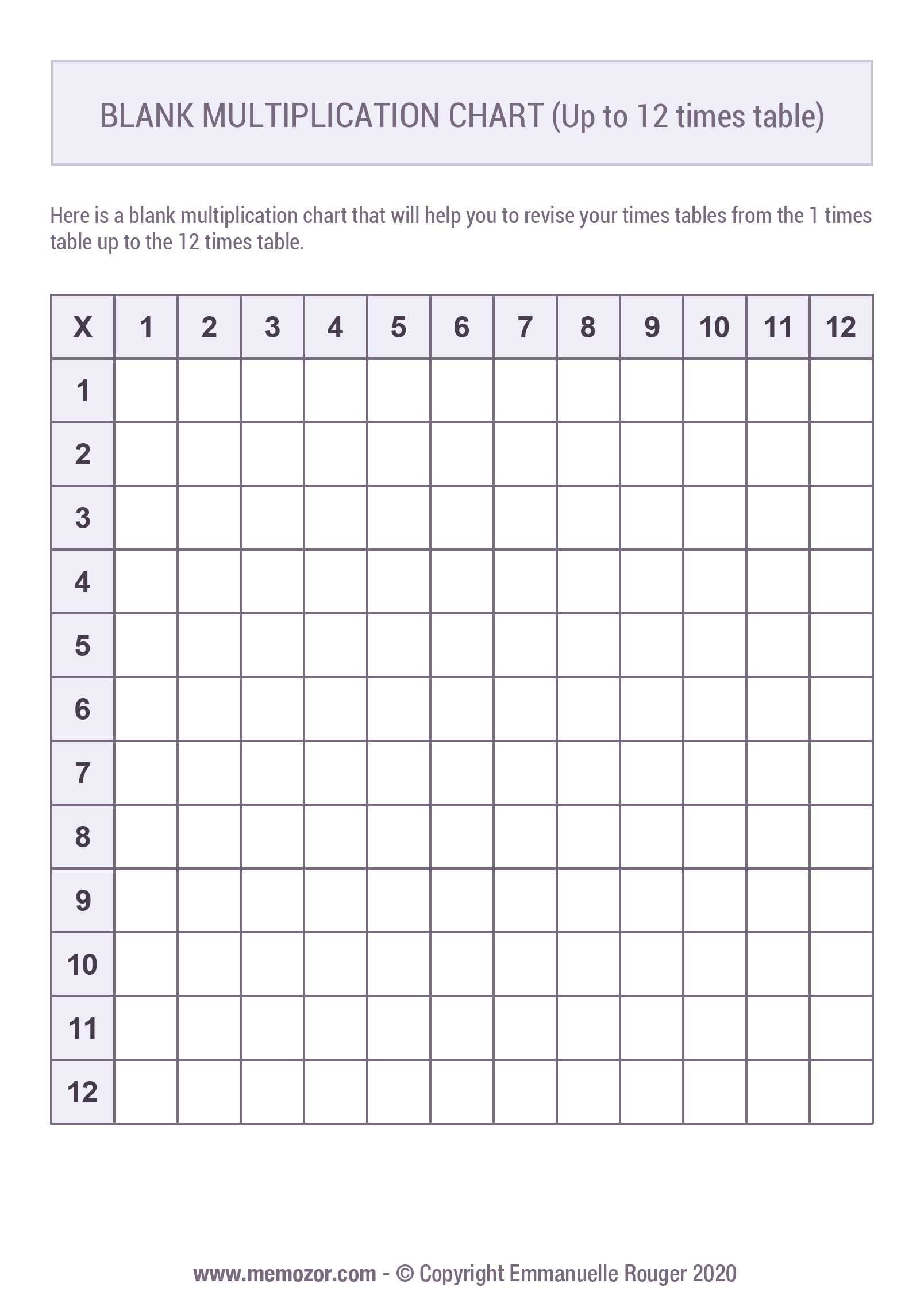 Printable Blank Multiplication Chart (1-12) Free | Memozor intended for Free Printable Blank Multiplication Table 1-12