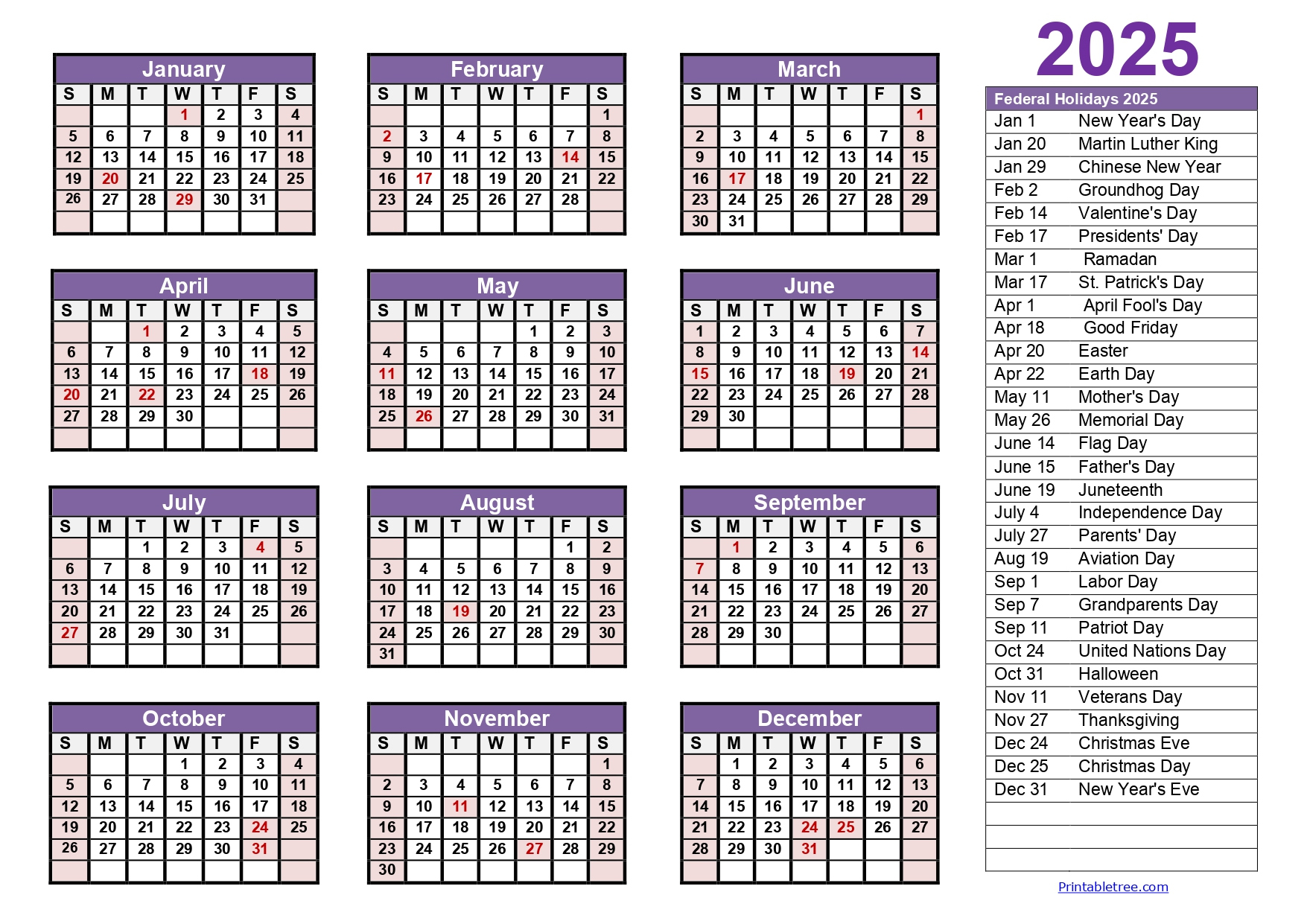 Printable Calendar 2025 One Page With Holidays (Single Page) 2025 for Free Printable I 9 Form 2025