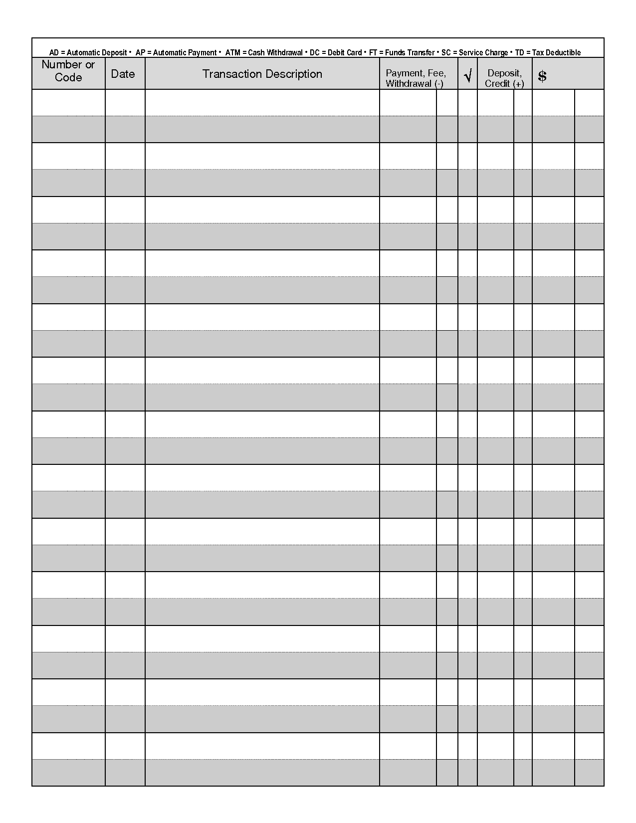 Printable Check Register | Blank Checkbook Register for Free Printable Transaction Register