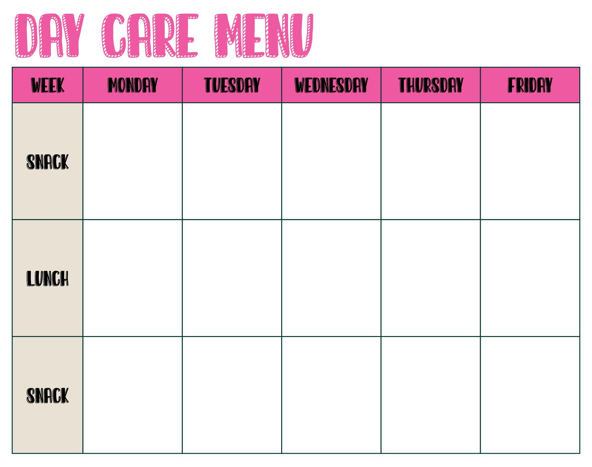 Printable Childcare Menu Templates with regard to Free Printable Daycare Menus