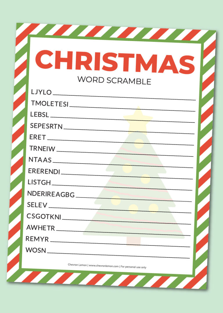 Printable Christmas Word Scramble - Chevron Lemon in Free Printable Christmas Word Scramble With Answers