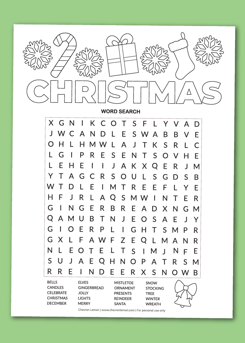 Printable Christmas Word Search - Chevron Lemon for Free Printable Christmas Puzzles Word Searches