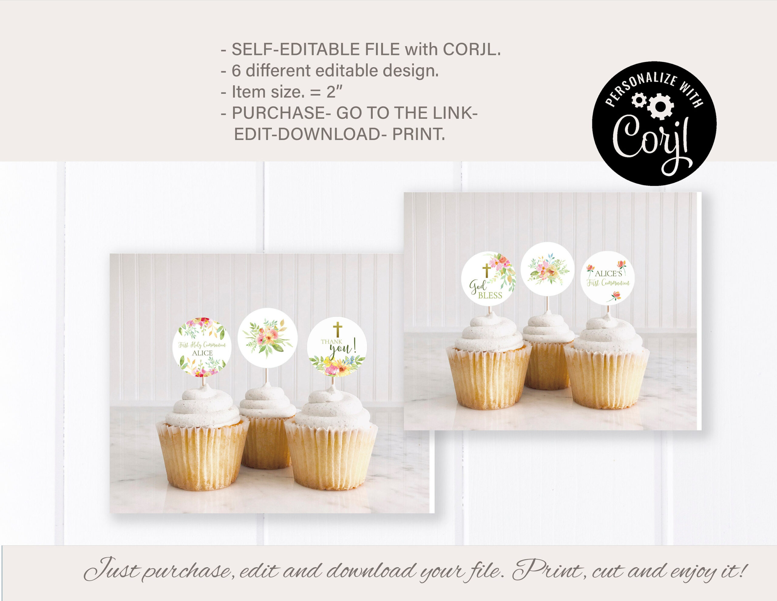 Printable First Communion Cupcake Toppers, Editable Floral First throughout Free Printable First Communion Cupcake Toppers