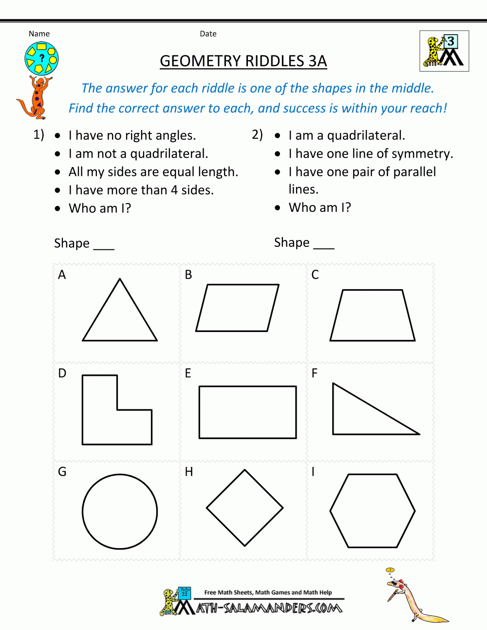 Printable Geometry Worksheets - Riddles for Free Printable Geometry Worksheets For Middle School