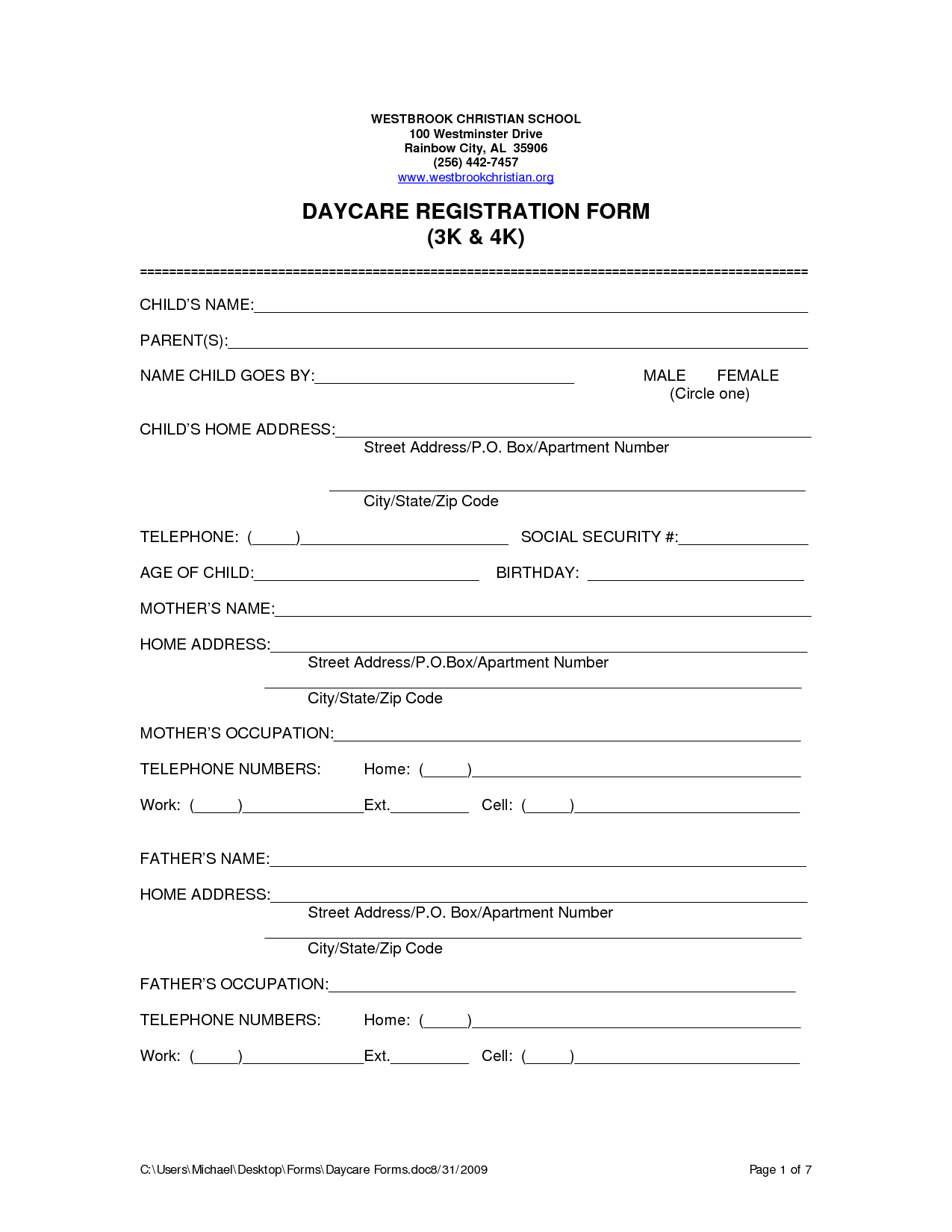 Printable Home Day Care Forms with Free Printable Daycare Forms For Parents