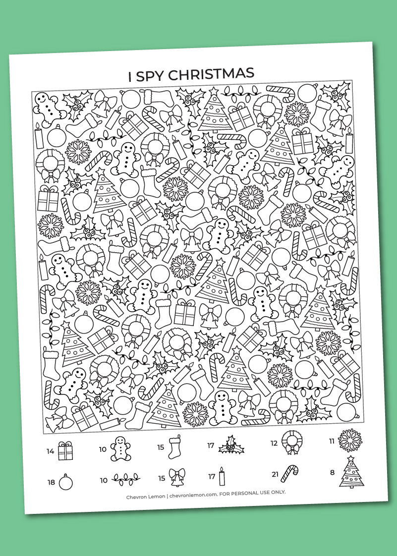 Printable I Spy Christmas - Chevron Lemon for Free Printable Christmas Hidden Picture Games