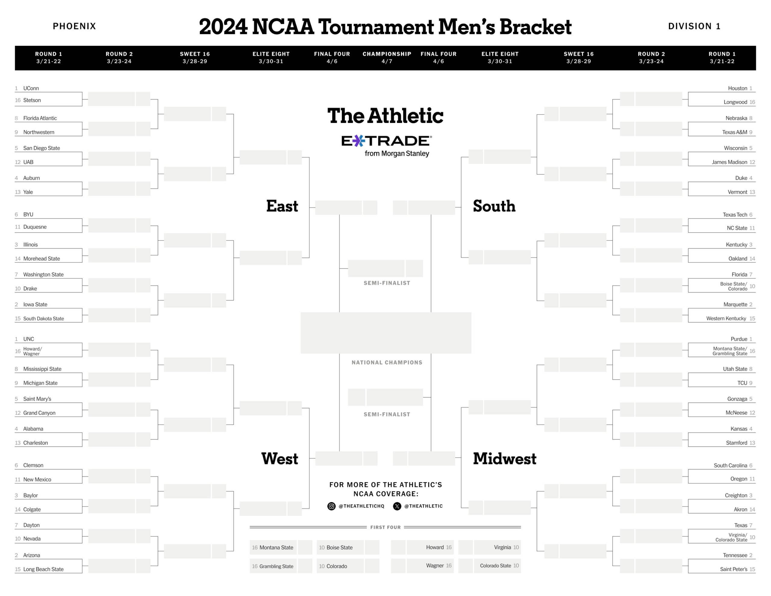 Printable March Madness Bracket - The Athletic for Free Printable Brackets Ncaa Basketball