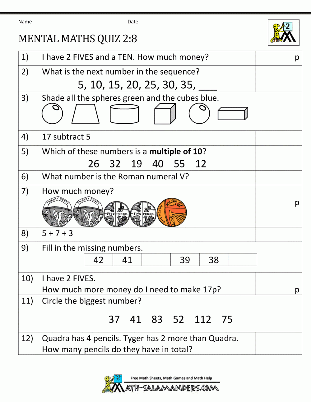 Printable Mental Maths Year 2 Worksheets in Year 2 Free Printable Worksheets