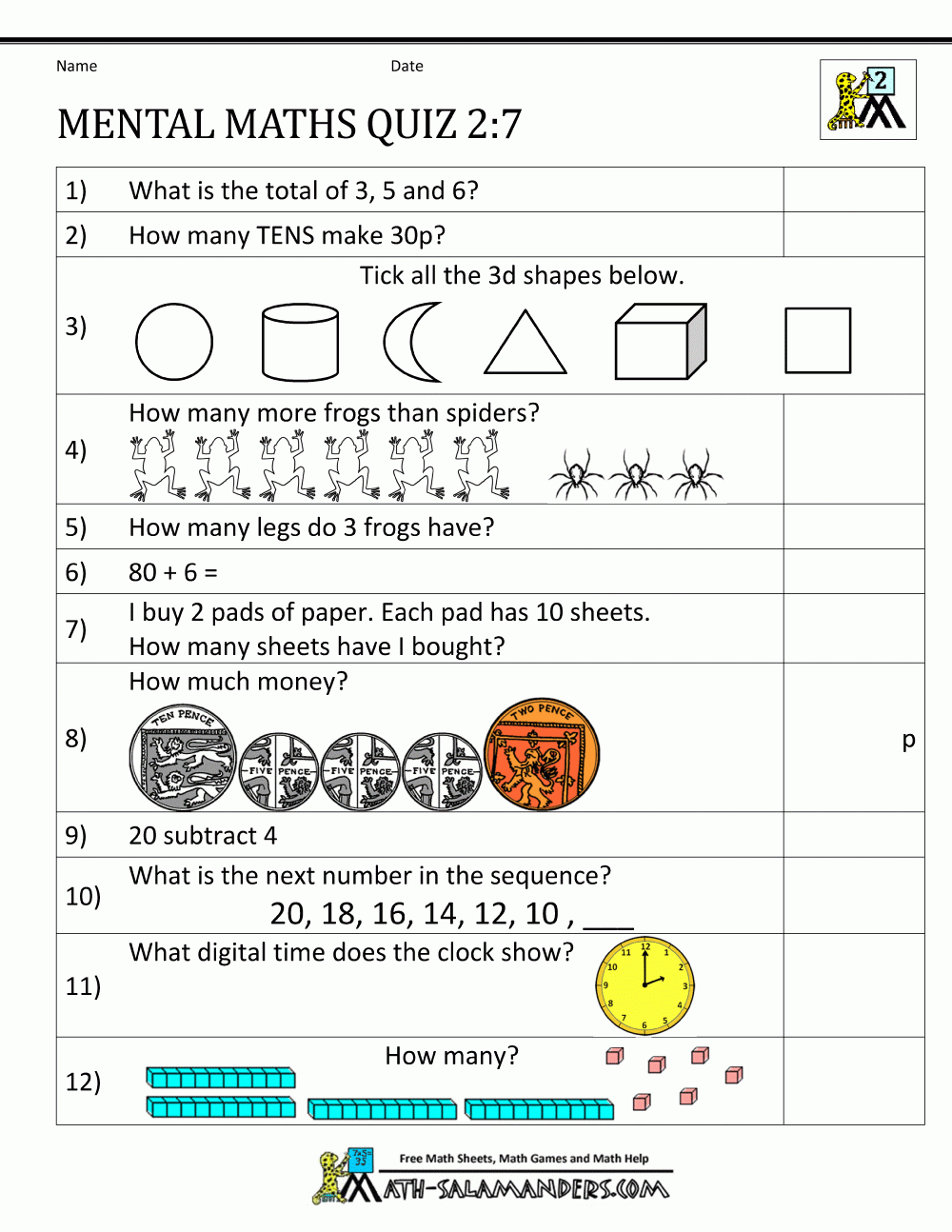 Printable Mental Maths Year 2 Worksheets throughout Year 2 Free Printable Worksheets