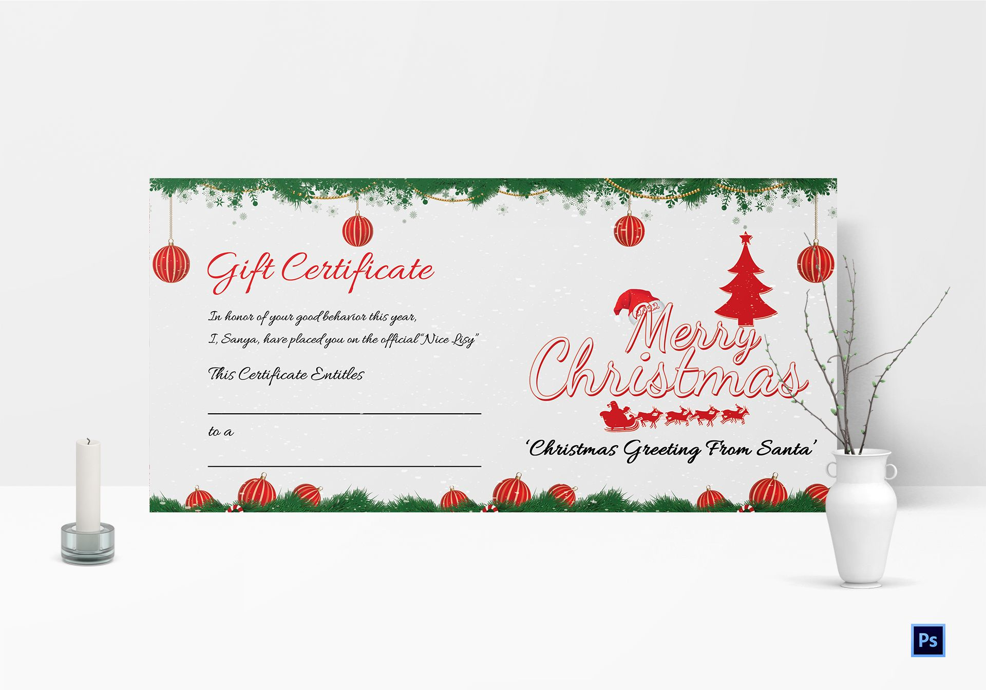 Printable Merry Christmas Gift Certificate Template In Adobe Photoshop regarding Free Printable Xmas Gift Certificates