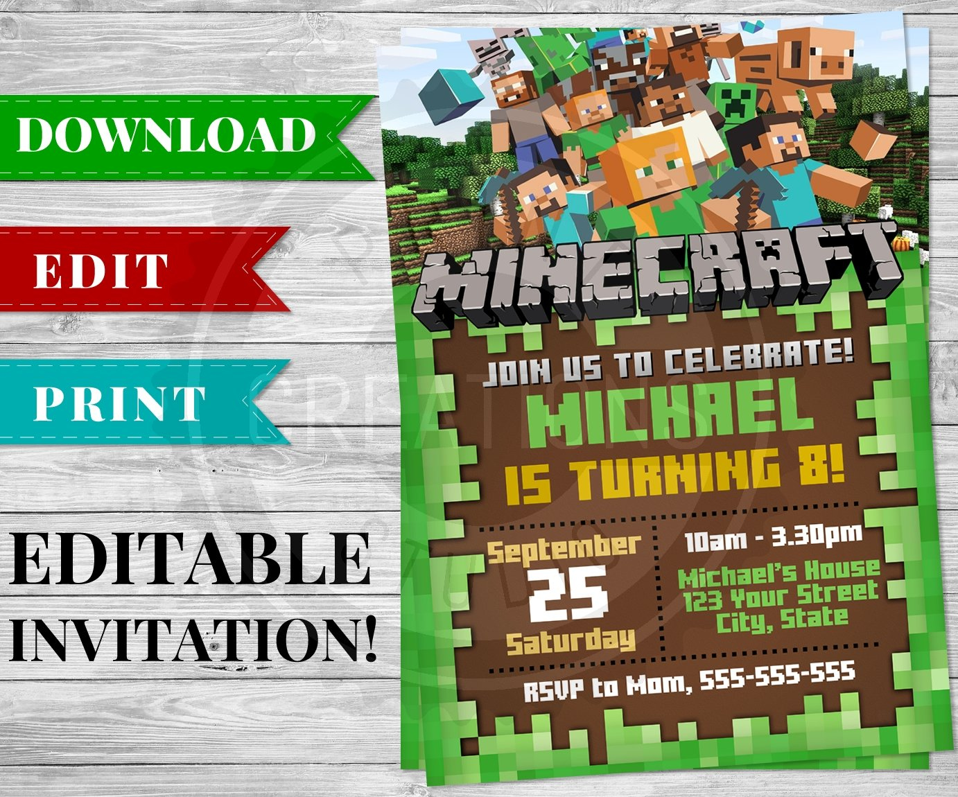 Printable Minecraft Invitation Pdf - Minecraft Birthday Party Supplies throughout Free Printable Minecraft Invitations