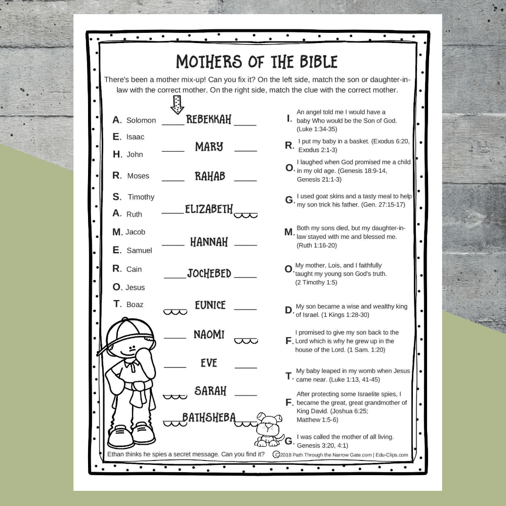 Printable Mothers Of The Bible Worksheet - Kids Bible Teacher inside Free Printable Bible Games for Youth