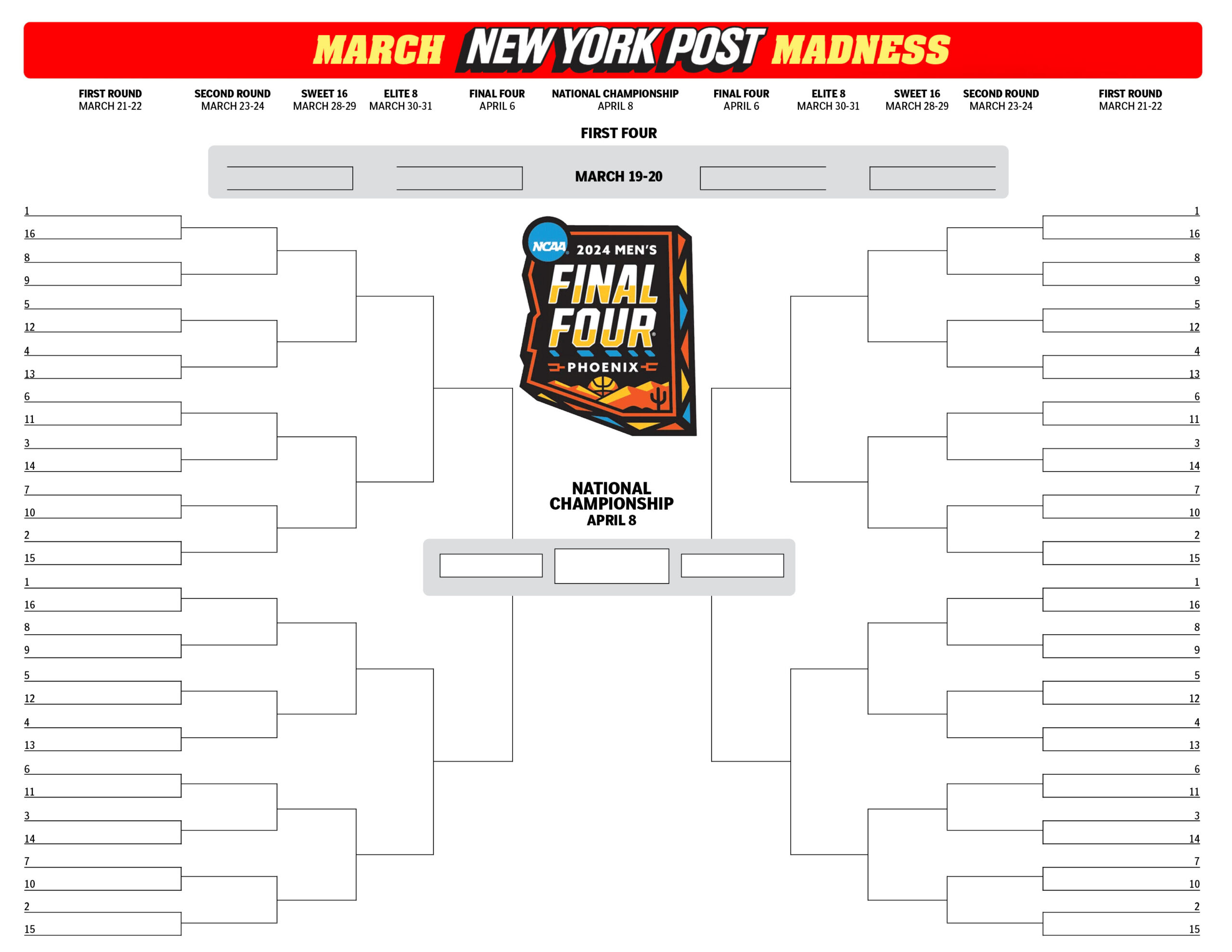 Printable Ncaa Bracket: Full 2024 March Madness Field for Free Printable Brackets Ncaa Basketball