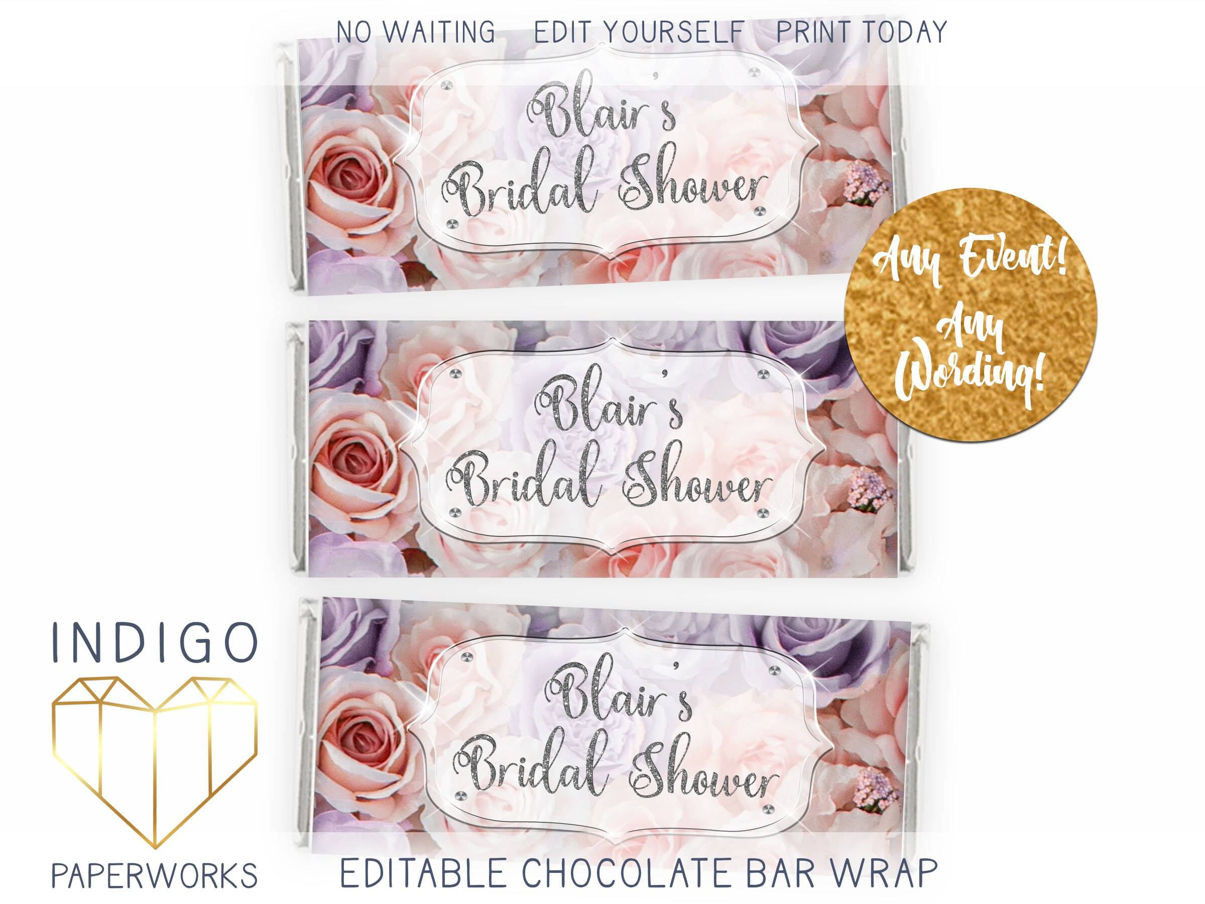 Printable Rose Garden Chocolate Bar Label, Silver Modern Bridal intended for Free Printable Candy Bar Wrappers for Bridal Shower