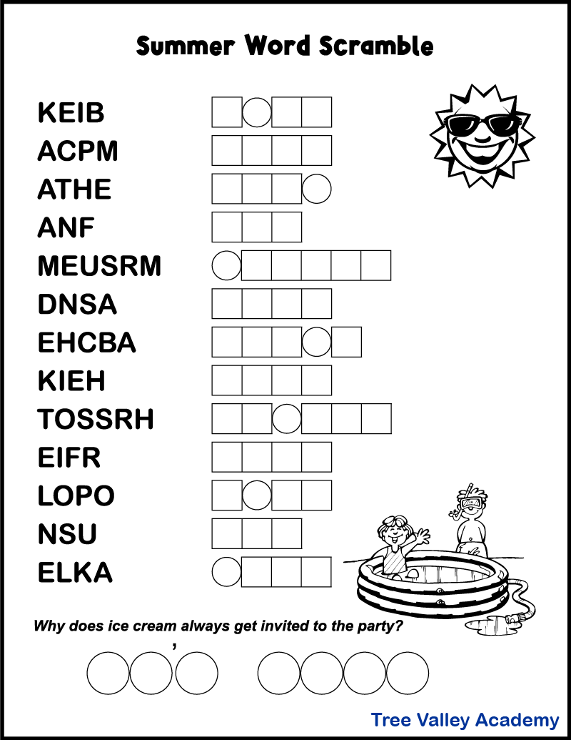 Printable Summer Word Scrambles For Kids - Tree Valley Academy with regard to Free Printable Jumble Word Games
