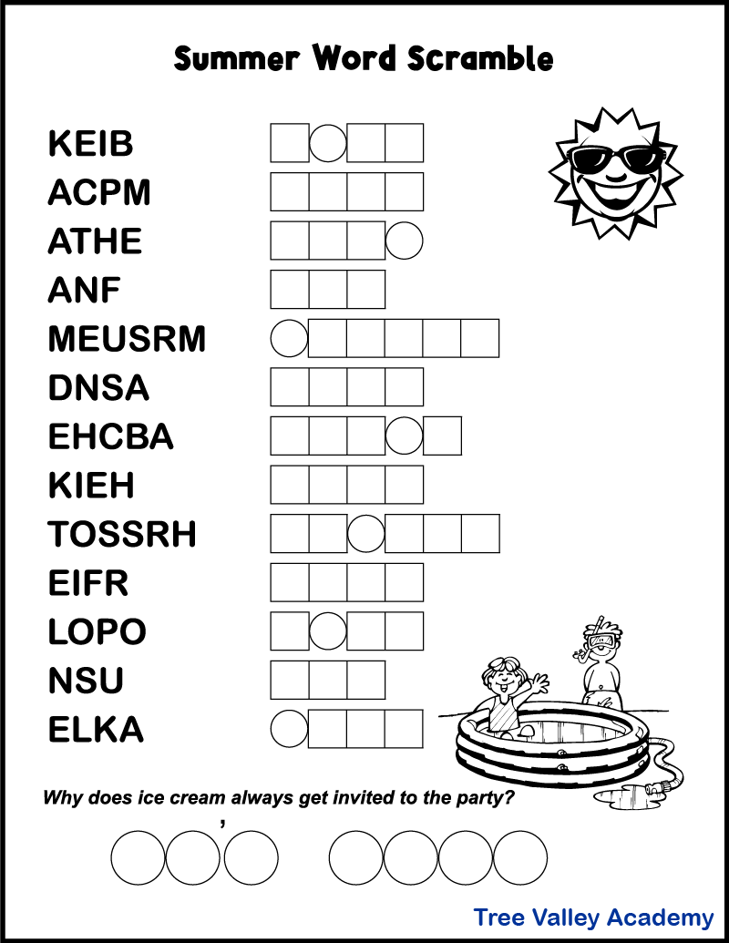 Printable Summer Word Scrambles For Kids - Tree Valley Academy within Free Printable Jumbles