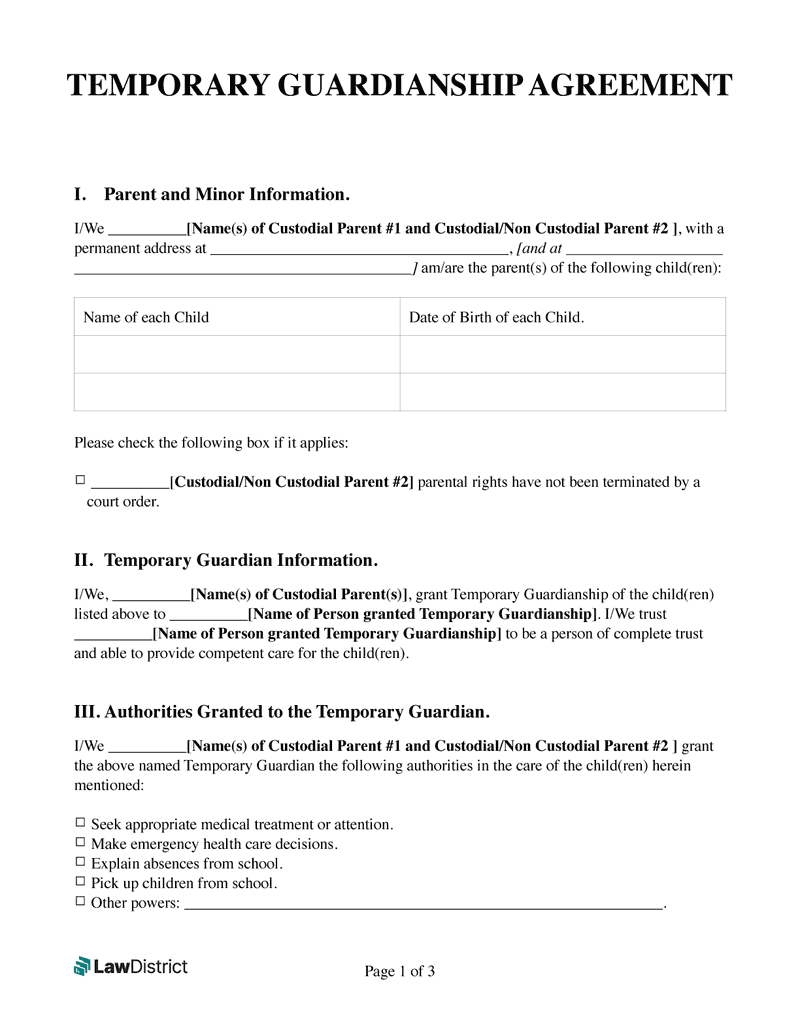 Printable Temporary Guardianship Form | Free Pdf &amp;amp; Word | Lawdistrict inside Free Printable Child Guardianship Forms