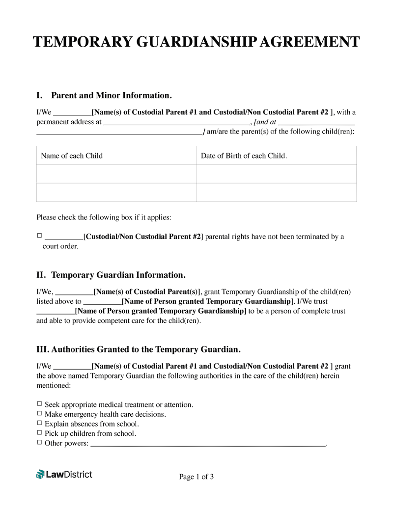 Printable Temporary Guardianship Form | Free Pdf &amp;amp; Word | Lawdistrict with regard to Free Printable Legal Guardianship Forms