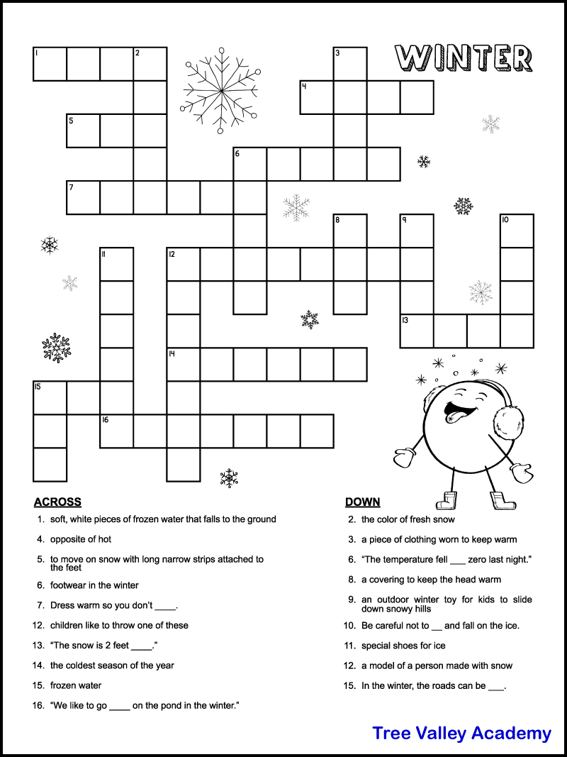 Printable Winter Crossword Puzzles For Kids - Tree Valley Academy intended for Free Printable Crossword Puzzles For Kids