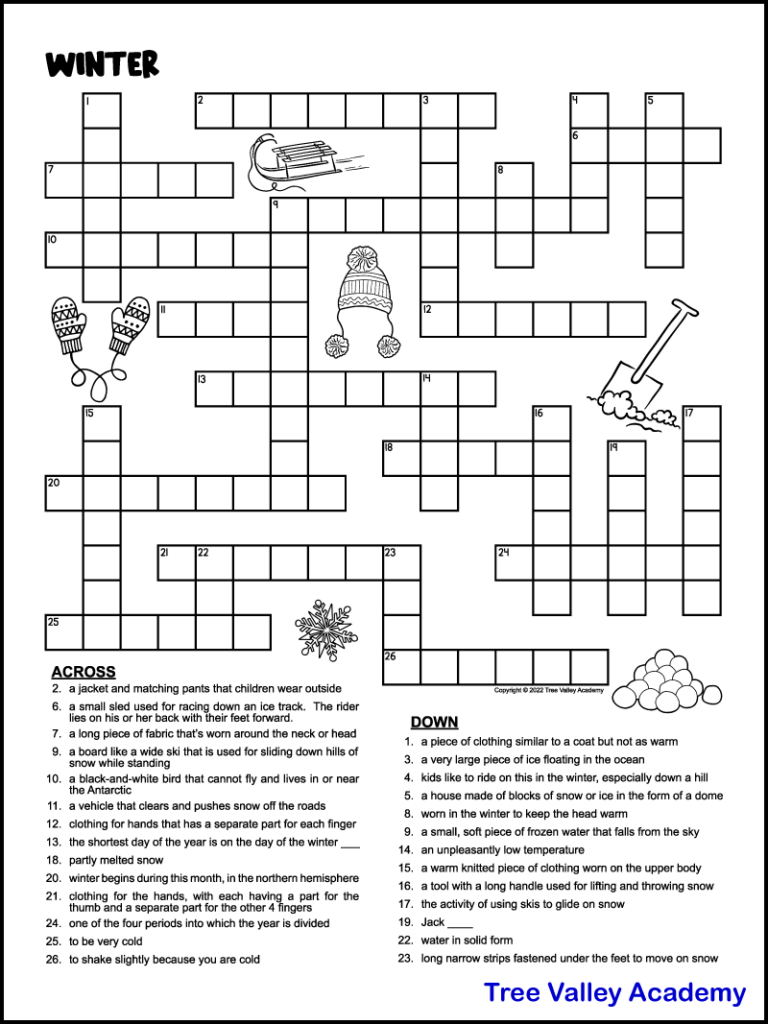 Printable Winter Crossword Puzzles For Kids - Tree Valley Academy intended for Free Printable Crossword Puzzles Medium Difficulty