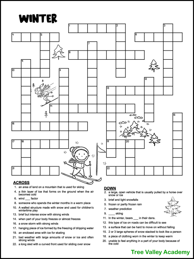 Printable Winter Crossword Puzzles For Kids - Tree Valley Academy with Free Printable Crosswords Medium