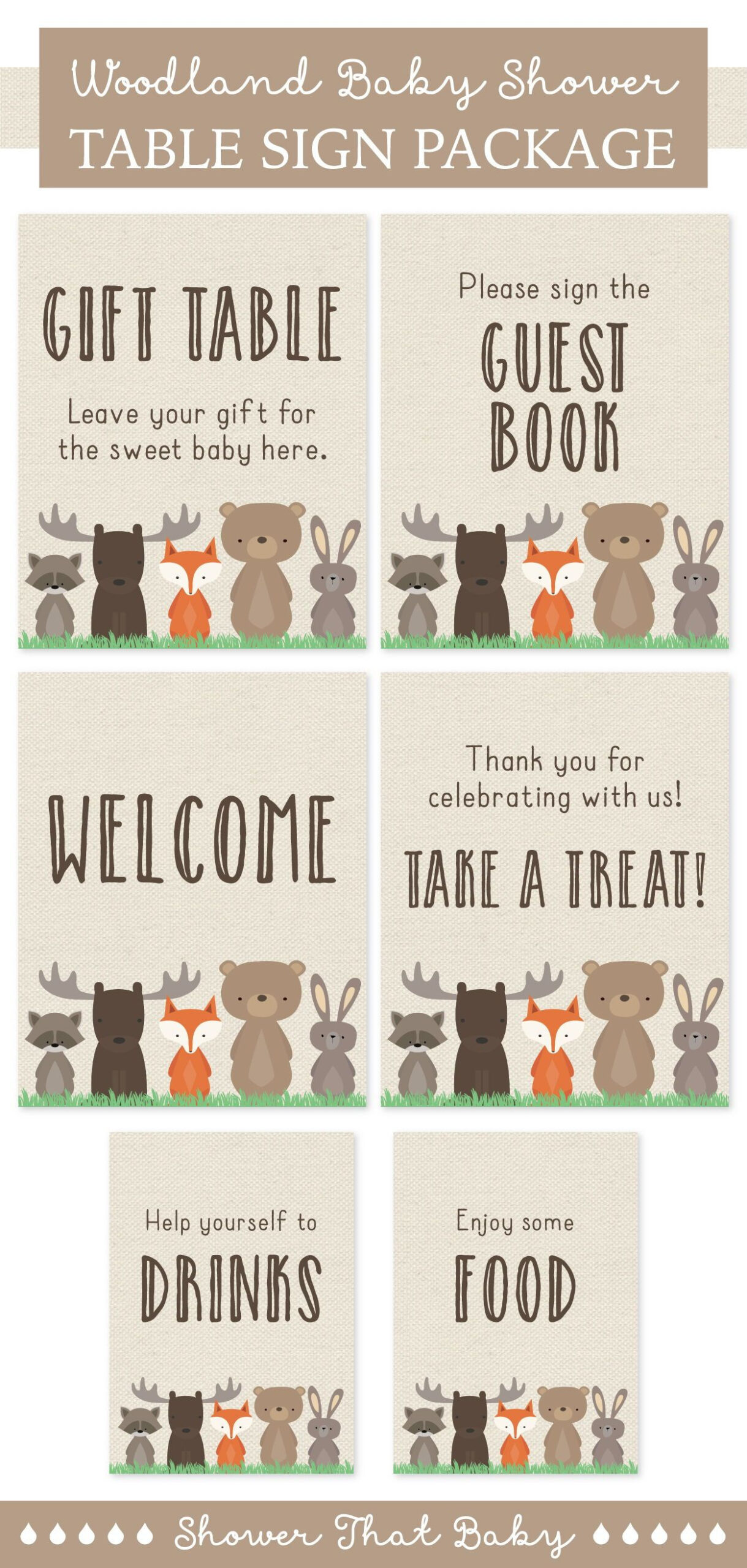 Printable Woodland Baby Shower Table Signs Six Signs Welcome Sign for Free Woodland Baby Shower Printables