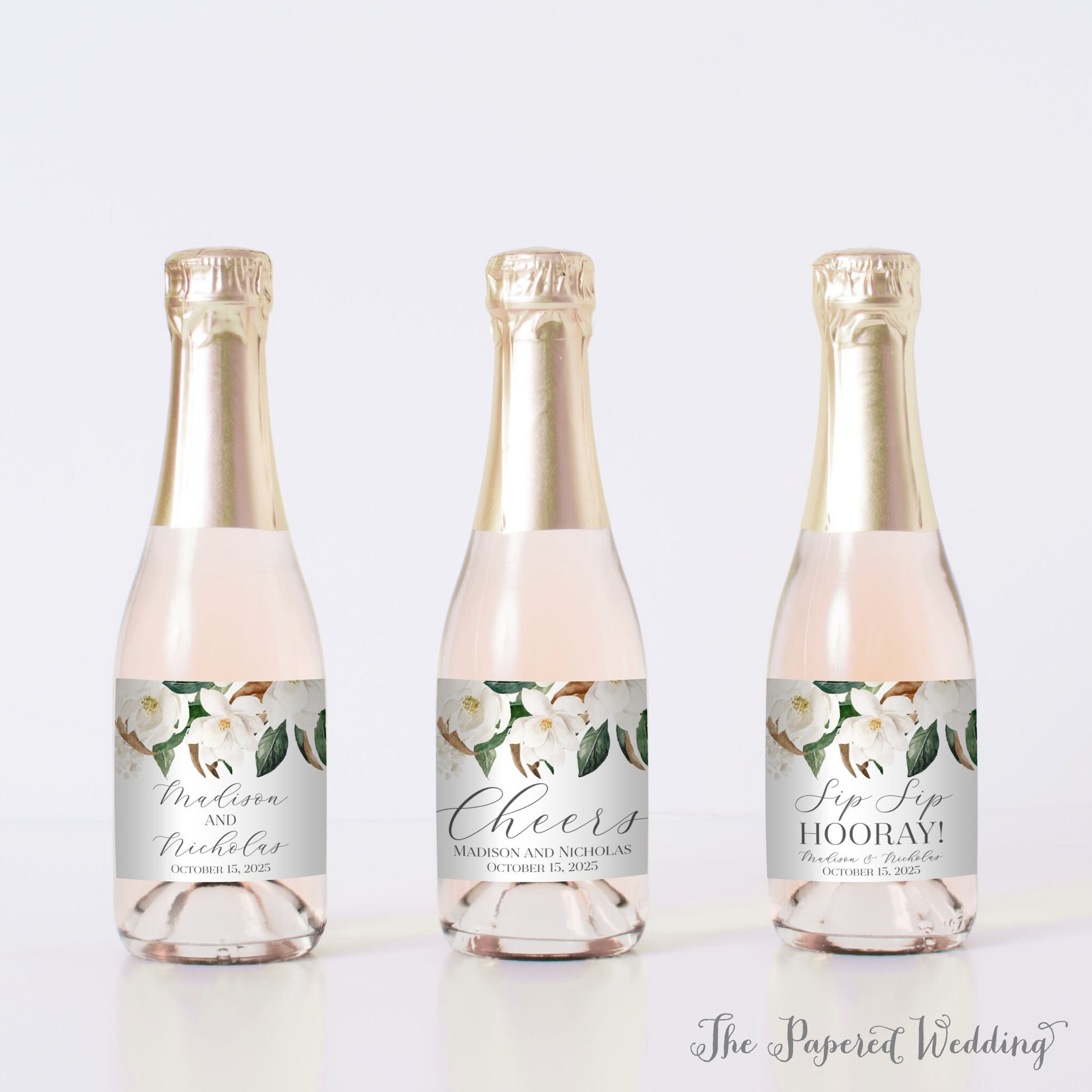 Printed Magnolia Wedding Mini Champagne Bottle Labels Magnolia within Free Printable Mini Champagne Bottle Labels