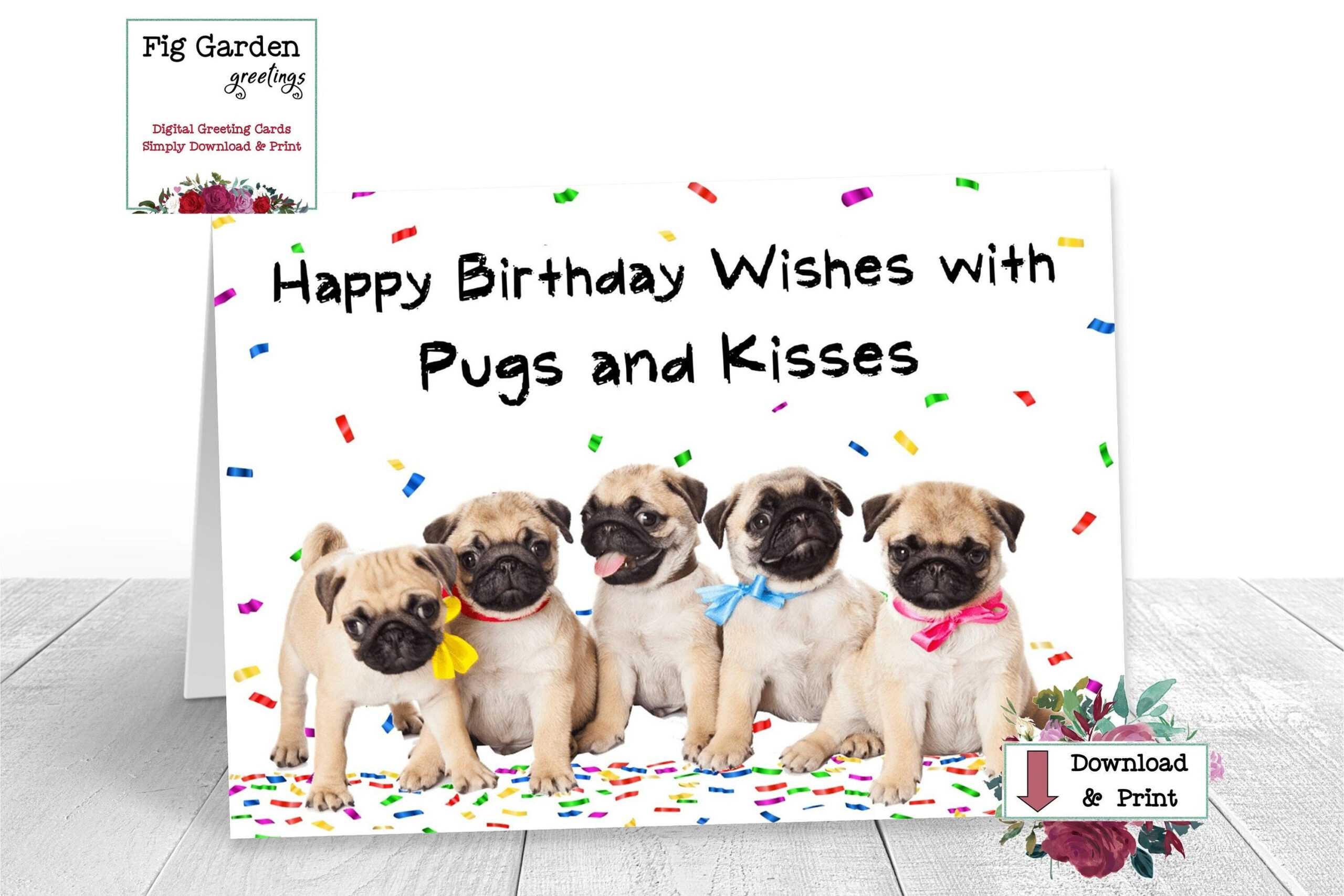 Pug Birthday Card With Pugs And Kisses, Printable Birthday Card pertaining to Free Printable Pug Birthday Cards