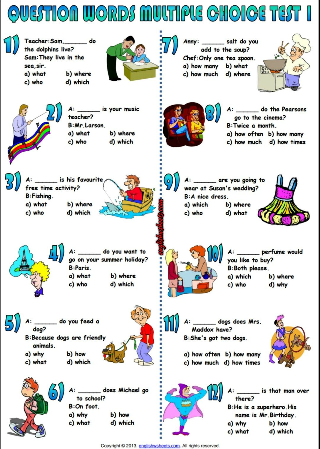 Question Words Multiple Choice Test Esl Worksheet | Prepositions with Free Printable Multiple Choice Worksheets