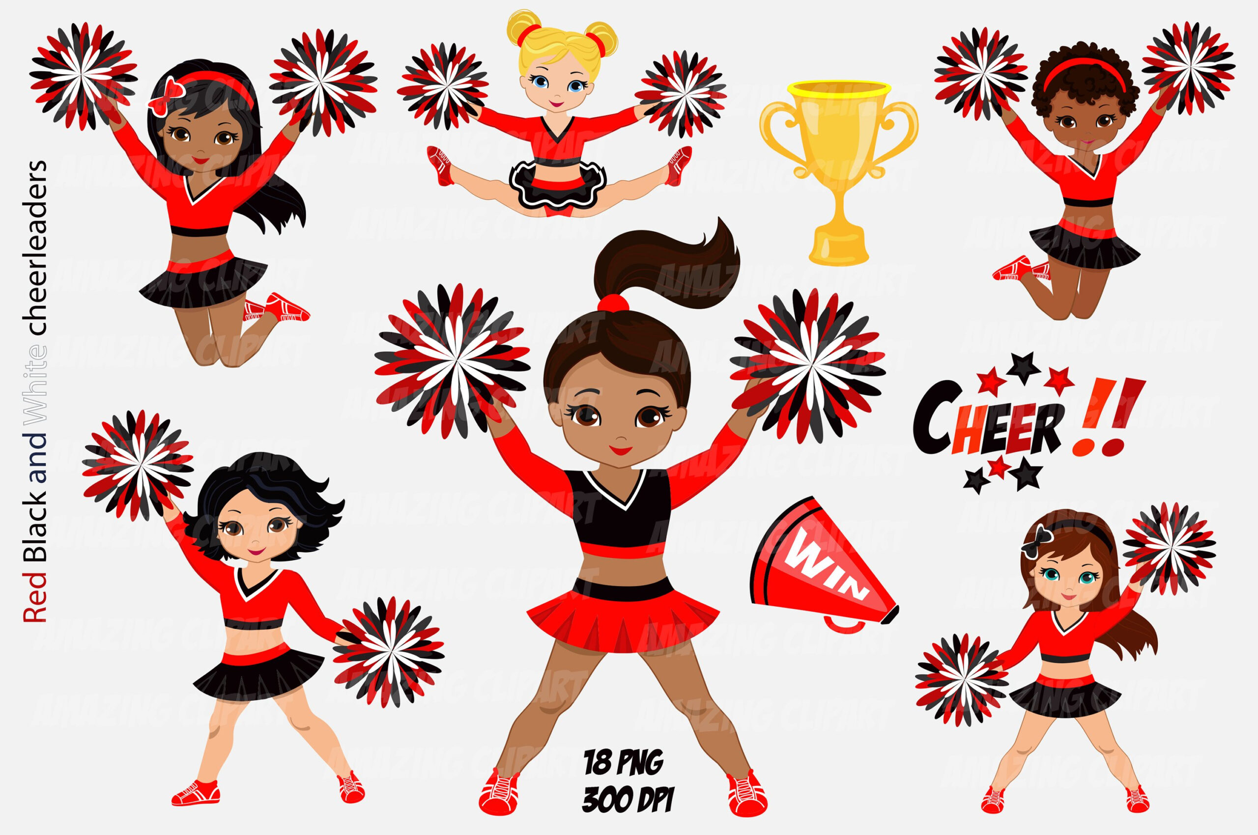 Red Black And White Multicultural Cheerleader Clipart in Free Printable Cheerleading Clipart