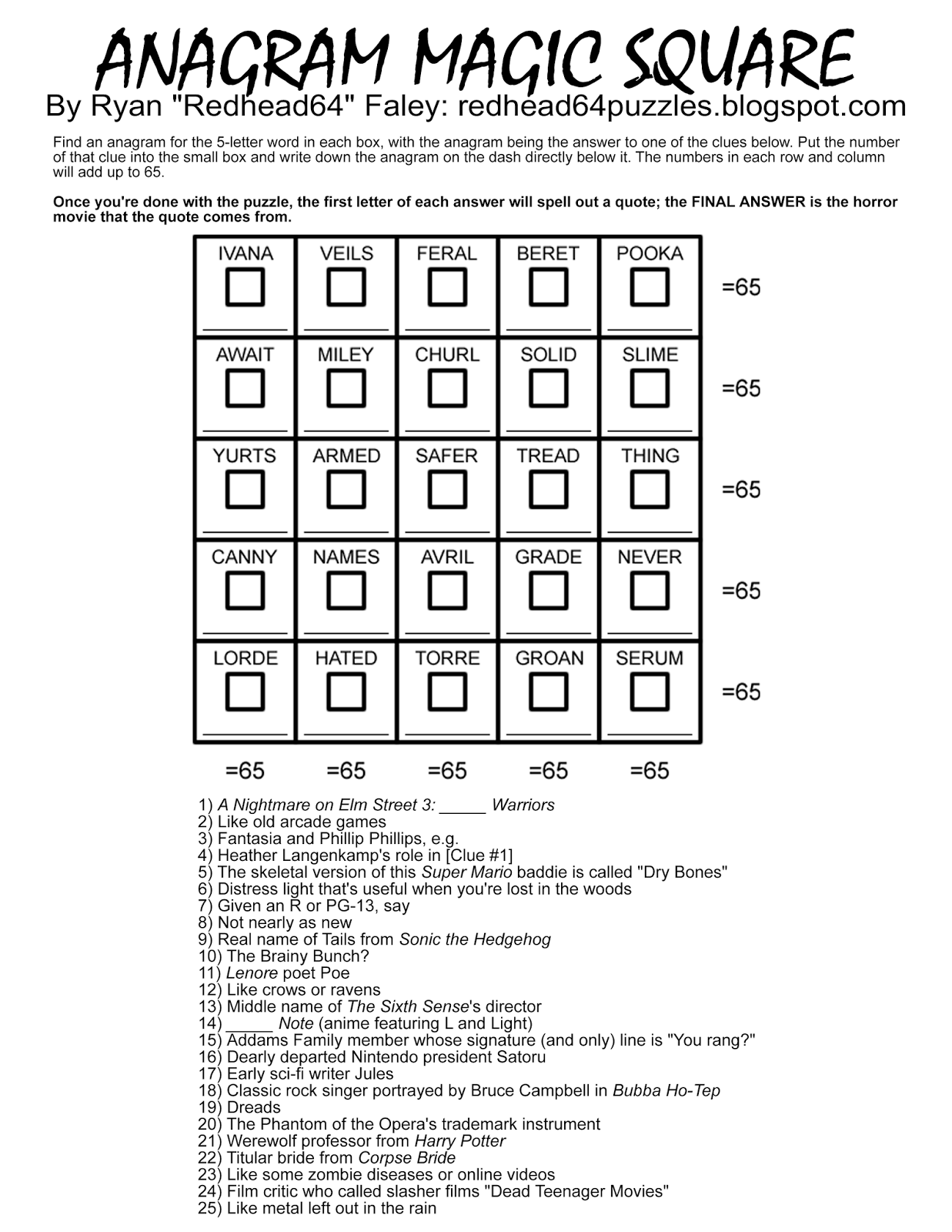 Redhead64&amp;#039;S Obscure Puzzle Blog!: Halloween Month! Puzzle #45 intended for Free Printable Anagram Magic Square Puzzles